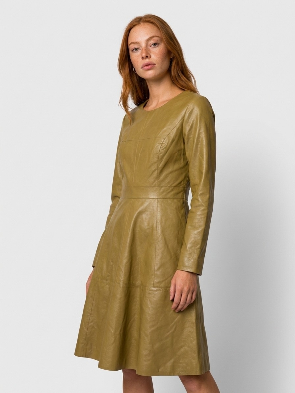 Olive Green Faux Leather Long-Sleeve A-Line Dress Misses Size Medium